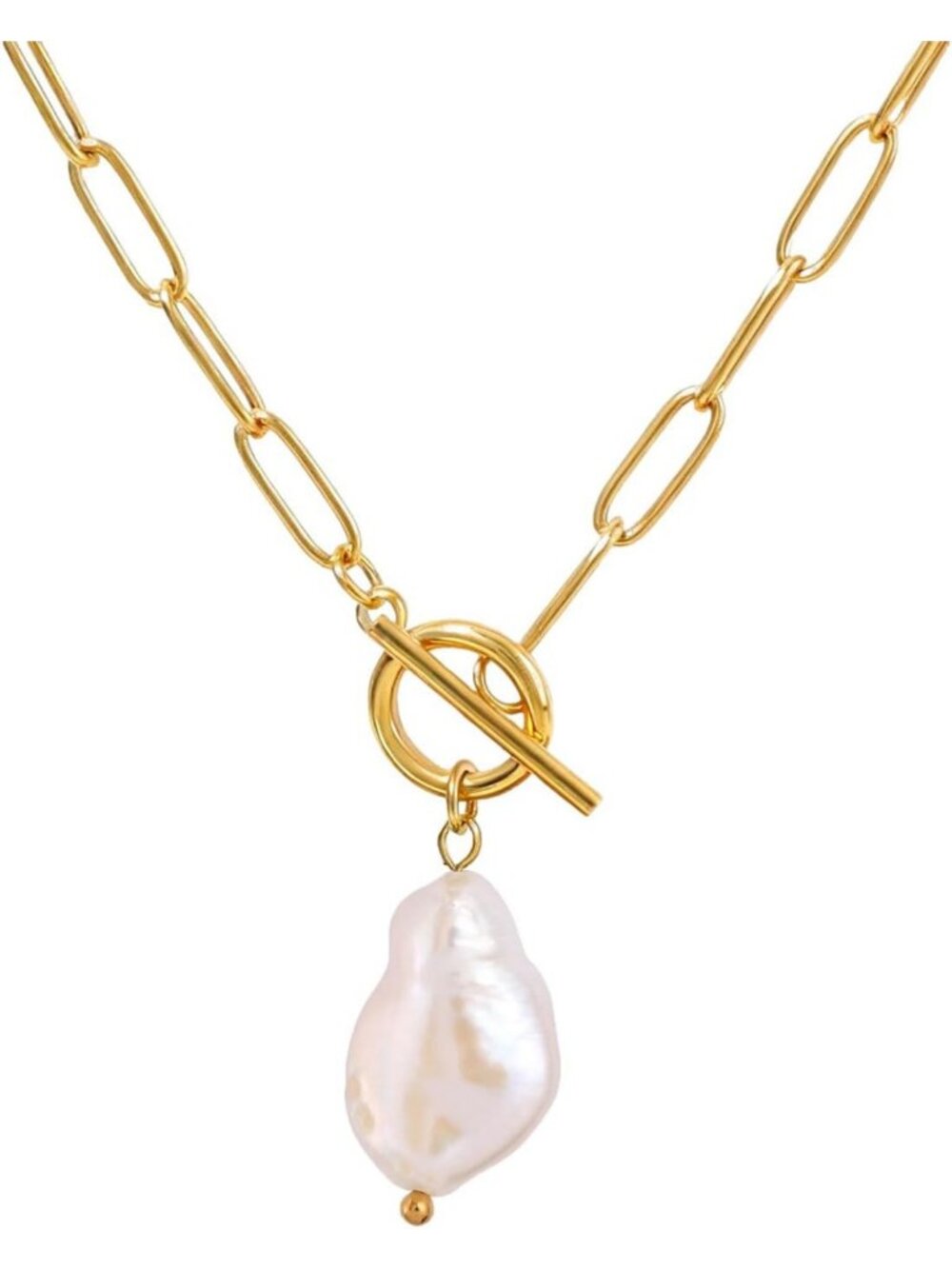 Elegant Baroque Pearl & Gemstone Toggle Paperclip Pendant Necklace - 18K Gold